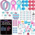 202 Pcs Baby Gender Reveal Party Supplies Favors Boy or Girl Pink and Blue Name Suggestion Card Button Pin Mini Candy Stickers Photo Props Games Voting Stickers