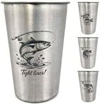 LVDGE 4 Pack 16oz Stainless Steel Cups - Unique Laser-Engraved Fish Graphics, Stackable Durable Metal Cold Drink Cups for Fishing Trips, Outdoor Gatherings & Parties (Fishing)