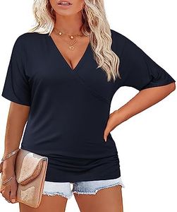 Plus Size Tops Nursing V Neck Wrap Shirts Front Drape Tunic Short Sleeve Pleated Waist Shirt Blouse Navy Blue