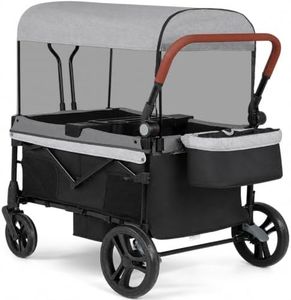 ELEMARA 4 Seater Wagon Stroller for Kids, Foldable Collapsible Wagon with Canopy & Mosquito Net, 200 Lbs Capacity Push Pull Wagon, All Terrain Camping Stroller for 4 Kids with Storage Basket &Tray