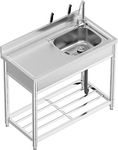 GarveeTech Stainless Steel Utility Sink Set w Single Bowl, Workbench & Storage Shelves, Freestanding Commercial Kitchen Sink w Cold and Hot Faucet & Drainboard for Restaurant Garden Farmhouse Garage