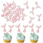 Ephlyn 24Pcs Mermaid Tails Cupcake Toppers Acrylic Mini Wrappers Mermaid Tail Figurines Cake Decorations for Mermaid Party Birthday Party Baby Shower Party Supplies Favors Pink