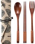 Iktu 3Pcs Reusable Spoon Chopsticks Fork Set - Natural Bamboo Wooden Cutlery Set Portable, Reusable Wooden Cutlery Gift Set With Pouch, Flatware Reusable Fork Spoon Chopsticks Set (Brown Thread)