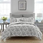 Laura Ashley Home - Twin Comforter Set, Reversible Cotton Bedding, Includes Matching Sham with Bonus Euro Sham & Throw Pillows (Annalise Grey, Twin), Shadow Grey/White