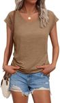 AUTOMET Womens V Neck Cap Sleeve Tshirts Casual Tops Cute T Shirts Summer Clothes Vintage Basics Tee, Khaki, L