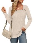 Aokosor Jumpers for Women Long Sleeve Tops Ladies Square Neck Button Sweatshirts Curved Hem Beige Size 14-16