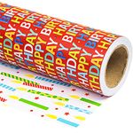 WRAPAHOLIC Birthday Reversible Wrapping Paper - 17 Inch X 33 Feet Happy Birthday Lettering on Red Design for Birthday, Holiday, Party, Baby Shower