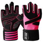 Weight Lifting Gloves Workout Gloves Women Men Crossfit with Wrist Wraps Support, Anti-Slip Grip Half Finger Gym Training Gloves for Exercise Biking (Pink, X-Small)