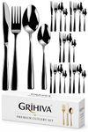 GRIHIVA 24 Pcs Black Mirror Polish Stainless Steel Cutlery Set for Dining Table with Spoons and Forks Set + Butterknives - The Perfect Tableware/Flatware