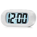 Plumeet Digital Alarm Clock Travel Clock with Snooze and Nightlight - Easy to Set Simple Bedside Alarm Clocks for Kids - Ascending Sound - Battery Powered (White)