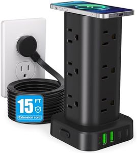 Power Strip Tower with Wireless Charger, Flat Plug Surge Protector Tower with 15FT Extension Cord, 12 AC Multiple Outlets, 4 USB (2 USB C),15W Wireless Charging Power Tower for Home Office Dorm, Black
