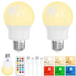 LED Rechargeable Light Bulb With Remote, Magnetic E27 Battery Operated Light Bulbs, 3 Color Temperature + 9 RGB Colour, 480LM, 3 Timer, For Lights, Lamps Without Power, Camping, Emergency 2 Pack