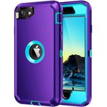 Mieziba for iPhone SE 2022/2020 Case,[Built in Screen Protector] Heavy Duty Shockproof[3 Layers] Full Body Protection Rugged Cover Case for iPhone SE,Purple/Turquoise