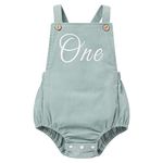 Odizli 1st Birthday Outfit Girl Boys Baby Summer Sleeveless Boho One Letter Print Corduroy Romper Overalls Bodysuit First 1 Year Birthday Gifts Cake Smash Photo Shoot Clothes Green 6-12 Months