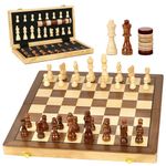 Magnetic Wooden Chess Set, Exqline 2 in 1 Chess and Checkers Board Set with 2 Extra Queen, 15 Inch Large Folding Chess Board Set, Wood Chess Board Game Handmade Pieces for Adults and Kids