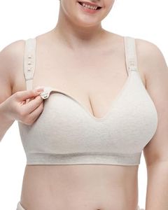 Momcozy Busty Nursing Bras, U.S.Cotton Wirefree Fixed Padded Maternity Bra, Full Coverage Adjustable Fit Oatmeal