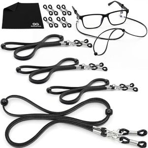 SIGONNA Eyeglass Strap Holders - Premium ECO Leather Eye Glass String Strap - Eyeglass Chain for Women Men - Eye Glass Accessory Chain Around Neck - 4 Cords (Black)