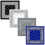 Aadikart 100% Cotton Paisley Printed Novelty Cowboy Bandana Handkerchiefs Multi-purpose For Men and Women Pack of 4 (Black White Grey Royal Blue)