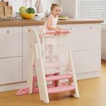 Onasti Toddler Learning Tower, Foldable Toddler Tower with Safety Bar, 3 Step Adjustable Height, Kitchen Step Stool for Kids with Handles, Non-slip, for Kitchen Counter Bathroom Sink (Pink White)
