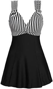 MiYang Women's One Piece High Waist Printing Swim Dress Padded Swimwear, Black Stripe, Large