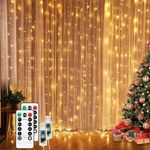 【2 Pack】Unihoh Curtain Lights, Fairy Lights for Bedroom, 300 LEDs Warm White Twinkle Lights 8 Modes USB Powered, Icicle String Lights Remote & Timer for Indoor mas Party Patio Decoration(9.8 x 9.8 Ft)