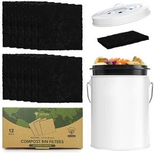 Charcoal Filters for Compost Bucket 3.5 inch Square - Pack of 12 Odor Blocking Compost Filters for Countertop Bin, Trash Cans and Litter Boxes - Universal Replacement Compost Bin Filters Charcoal