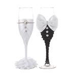 Bride and Groom Wedding Champagne Toasting Flute Anniversary Glasses with Silk Bow Tie and White Lace Trim Rhinestone Décor, Set of 2