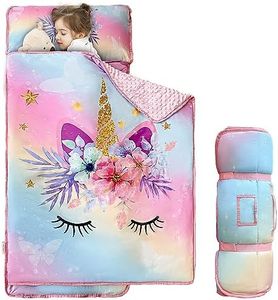 Unicorn Toddler Nap Mats for Preschool Daycare Girls Rainbow Cartoon Kids Sleeping Mats Toddler Slumber Bag Nap Pad with Removable Pillow for Girls Boys Kindergarten Sleepovers Travel and Camping