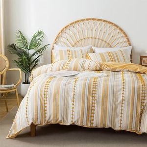 La Sheer Washed Cotton Queen Size Duvet Cover Set - Tufted Dots Boho Chic Bedding for All Seasons, Striped Pom Pom Bedding Linen Like Textured Breathable Durable Soft Comfy (Yellow, 90x90'')
