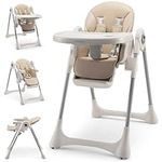 Maxmass Baby High Chair, Foldable Infant Dining Chair with Wheels, Adjustable Height, Backrest & Footrest, Removable Double Tray and 5-Point Safety Harness, Toddlers Highchair for 7-36 Months (Beige)