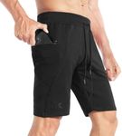 BROKIG Mens Stitching Athletic Shorts Sport Workout Short for Men with Zip Pockets(Medium, Black)