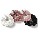 Mueras Hair Satin Scrunchies Pack of 4 Multicolor Silk Scrunchies Set for Hairs, Perfect Hair Band, Ponytail and Hair Ties Accessories for Girls, Women and Kids (White, Rosegold, Dark Pink and Black)