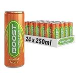 Boost Energy Drink Exotic Fruits Flavour, 250ml x 24 pack, Vegan Friendly Great Tasting Energy Boost, Only 58 kcals per can, Gluten Free Taurine Carbonated Drink with Added B Vitamins and Caffeine