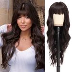 NAYOO Long Dark Brown Wigs with Bangs for Women Curly Wavy Hair Wigs Heat Resistant Synthetic Fiber Wigs for Daily Party Use 26 Inches (Dark Brown)