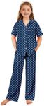 Arshiner Pajamas for Girls Short Sleeve Long Pants Outfit 2 Piece Sleepwear Button Pjs Sets Dark Blue Polka Dot 11-12 Years