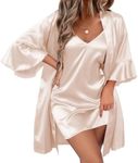 Ekouaer Women's Silk Robe Set V-neck 2 Piece Bridal Party Robes and Satin Bathrobe Set with Pockets (Champagne, XX-Large)