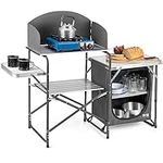 Trail Outdoor Leisure Camping Kitchen Stand With Windshield, Folding Aluminium Cooking Station, Cupboard with 2 Storage Shelves, Carry Bag Included