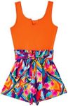 SOLY HUX Women's Summer Sleeveless Belted Tank Romper Short Jumpsuit Orange Printed Large