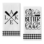 Seliem Life is Better at The Lake House Spring Summer Kitchen Dish Towel, Black White Buffalo Plaid Check Paddle Tea Bar Hand Drying Cloth, Winter Farmhouse Oar Decor Sign Home Decoration 18” x 26”