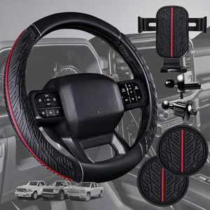 CAR PASS Leather Rubber Steering Wheel Cover Combo Set Universal Fit for Truck SUV Car Ram F150 Tundra 4Runner Tacoma Mobile Phone Holder Anti-slip Heavy Duty Tire Tread Large-size 15.5"-16" Black Red