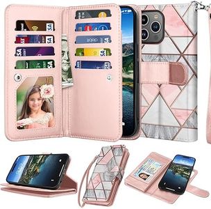 Njjex Wallet Case Compatible for iPhone 15 6.1" 2023, [9 Card Slots] PU Leather Card Holder Folio Flip [Detachable] Kickstand Magnetic Phone Cover & Lanyard Compatible for iPhone 15 -Marble