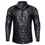 Barry.Wang Men Shirts,Paisley Flower Woven Silk Dress Shirt Long Sleeve Big and Tall , Black Grey, Small -B(20.5 )/W(19.5 )/ SW(17.5 )