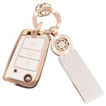 Koaudb for VW Key Cover 3 Buttons with Keychain Lanyard Compatible with Volkswagen Golf 7 Polo MK6 Jetta Touran Superb Rapid Seat Leon Ibiza Soft TPU Car Keys Shells Case White Gold (C-Vlw-3B)