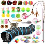 Oziral Cat Toys Set, 32 PCS Kitten Toys Assortments, Including 2 Way Black Tunnel Cat Feather Teaser Wand Sisal Mice Bell Balls Crinkle Balls, Interactive Cat Toys for Indoor Cats Kitten