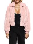 FANCYINN Womens Teddy Cropped Faux Fur Jacket Furry Lapel Coat Zip Up With Pockets Warm Winter Pink M