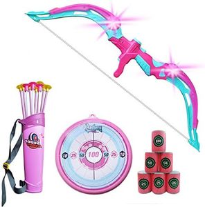 NWESTUN Bow and Arrow for Kids with LED Flash Lights - Archery Bow with 10 Suction Cups Arrows, 6 Foam Targets, Quiver and Target, Gifts for 4-12 Year Old Girls, Pink