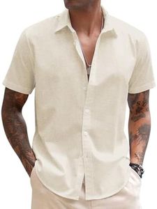 Coofandy Men's Linen Casual Short Sleeve Shirts Button Down Summer Beach Shirt, Light Khaki, Large