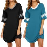 Ekouaer Nightgowns for Women 2 Pack Sleepshirts Short Sleeve Nightshirt V Neck Sleepwear Casual Pajama Dress,Black/Blue Green,XXXL