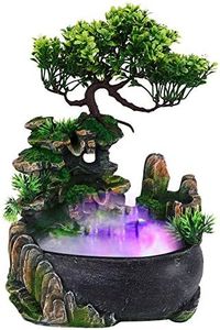 Fontaine d'Intérieur Avec Éclairage LED - Table Cascade Avec Plantes en Polyrésine, Pompe et Eau pour Chambre, Terrarium