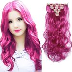 iLUU 20" 100g Wavy Curly Synthetic Hairpiece #8D Shocking Pink Color Hair Extension Clip in 7Pcs Full Head 16 Clips ins on Hair Extensions for Women Party Gift Cosplay